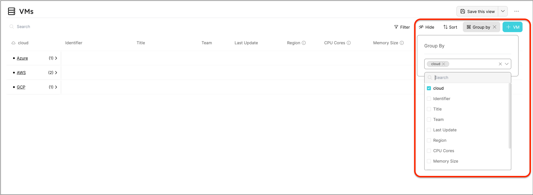 Table group by menu marked