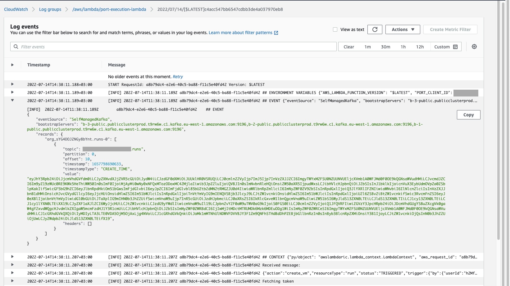 Example cloudwatch logs with topic message